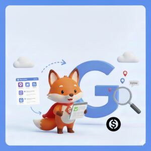A cartoon picture of a fox looking at documents as if it was working on SEO for a squarespace website.