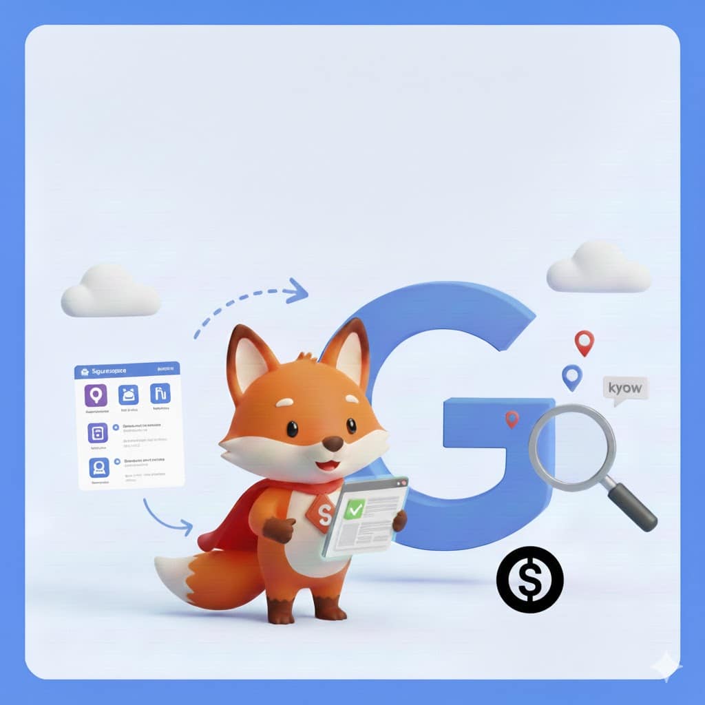 A cartoon picture of a fox looking at documents as if it was working on SEO for a squarespace website.