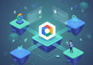 A digital illustration of a cloud-based data integration platform connecting various online and app-based services.