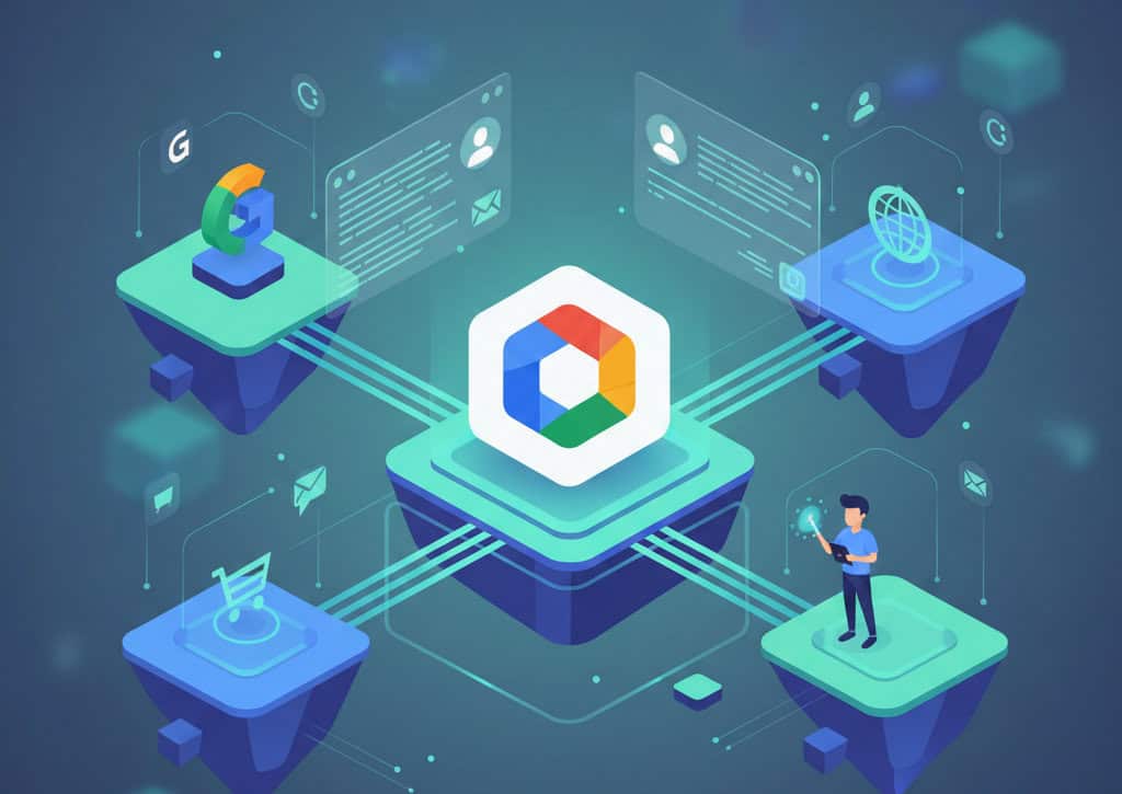 A digital illustration of a cloud-based data integration platform connecting various online and app-based services.